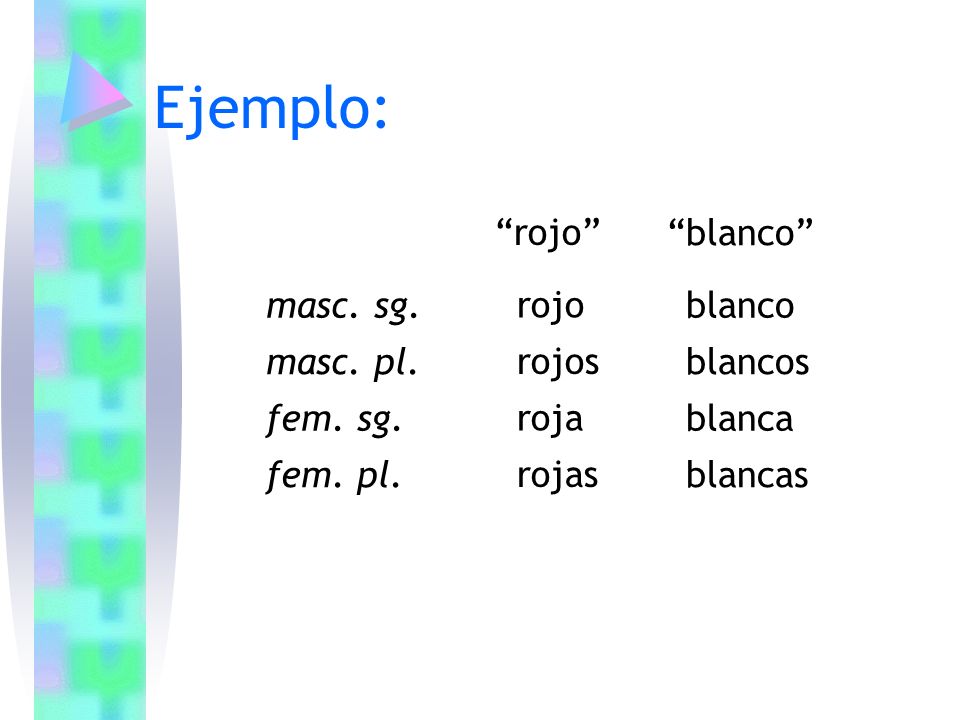 Ejemplo: rojo blanco masc. sg. rojo blanco masc. pl. rojos blancos