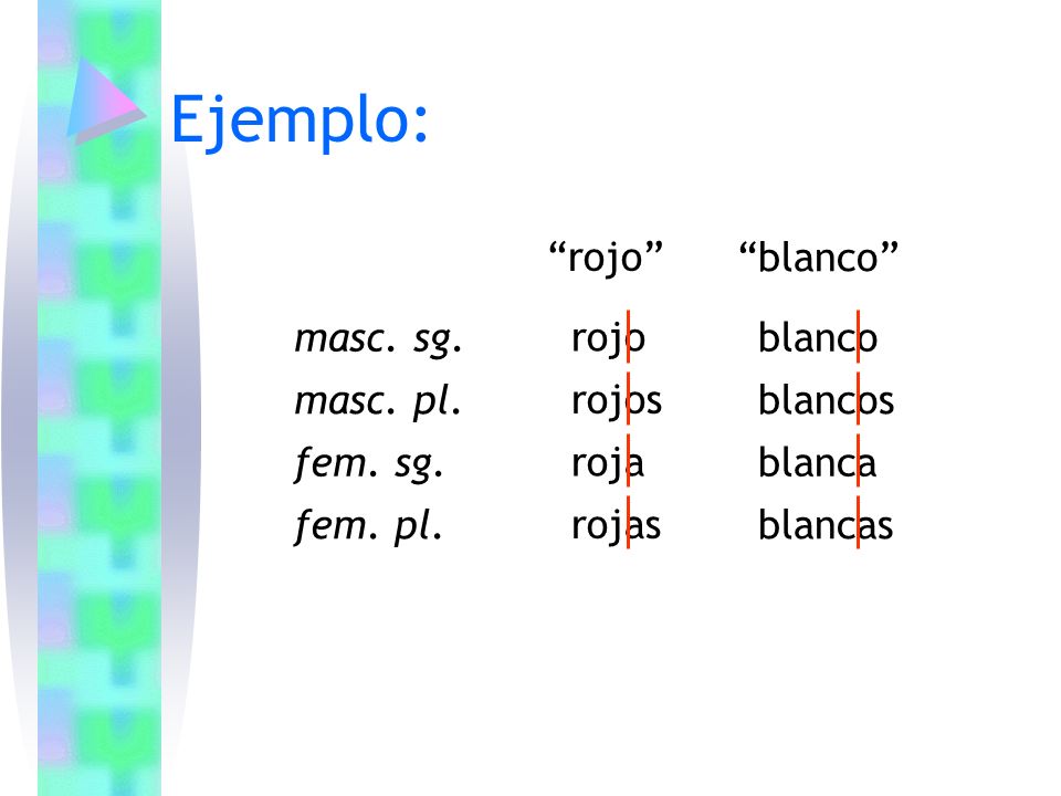 Ejemplo: rojo rojo rojos roja rojas blanco blanco blancos blanca