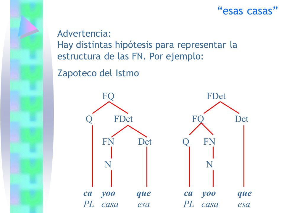 esas casas Advertencia: Hay distintas hipótesis para representar la estructura de las FN. Por ejemplo: