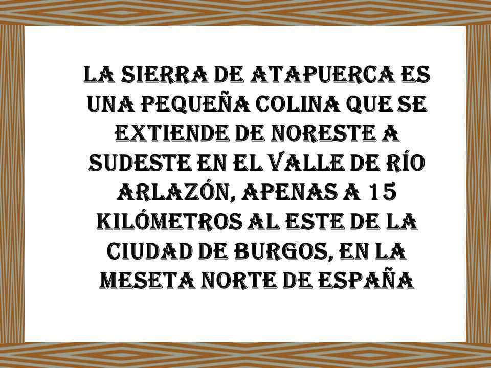 La sierra de atapuerca es una pequeña colina que se extiende de noreste a sudeste en el valle de río Arlazón, apenas a 15 kilómetros al este de la ciudad de Burgos, EN LA MESETA NORTE DE ESPAÑA