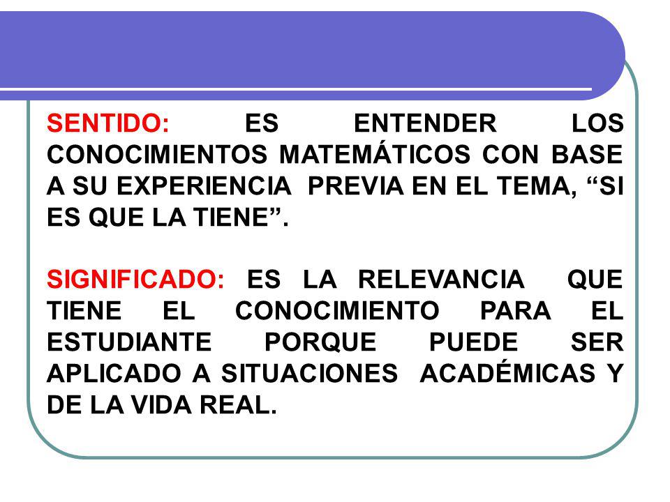 SENTIDO: ES ENTENDER LOS CONOCIMIENTOS MATEMÁTICOS CON BASE A SU EXPERIENCIA PREVIA EN EL TEMA, SI ES QUE LA TIENE .