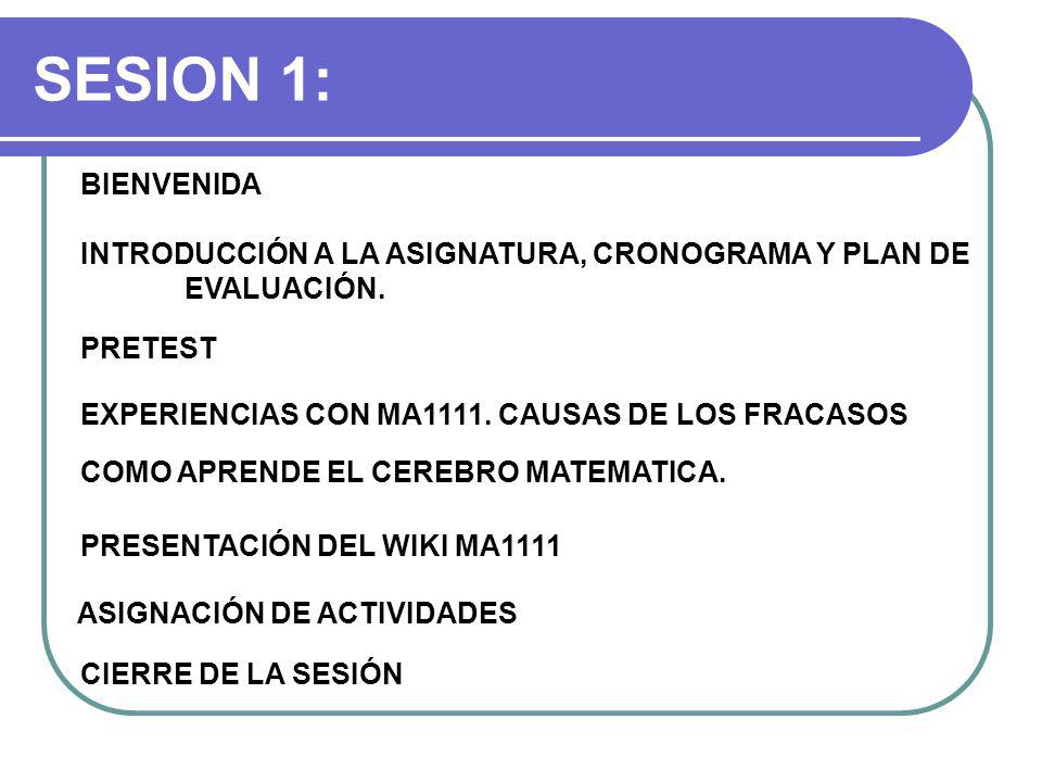 SESION 1: BIENVENIDA. INTRODUCCIÓN A LA ASIGNATURA, CRONOGRAMA Y PLAN DE. EVALUACIÓN. PRETEST. EXPERIENCIAS CON MA1111. CAUSAS DE LOS FRACASOS.
