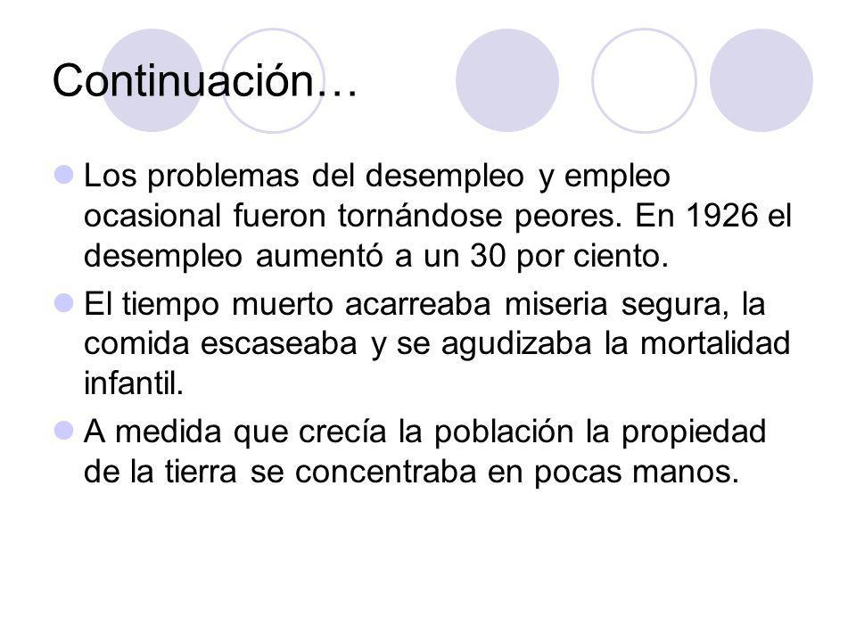 Continuación… Los problemas del desempleo y empleo ocasional fueron tornándose peores. En 1926 el desempleo aumentó a un 30 por ciento.
