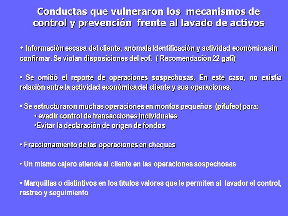Conductas que vulneraron los mecanismos de control y prevención frente al lavado de activos