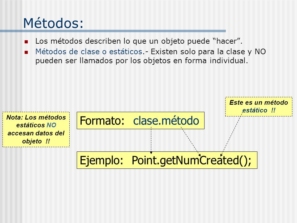 Métodos: Formato: clase.método Ejemplo: Point.getNumCreated();