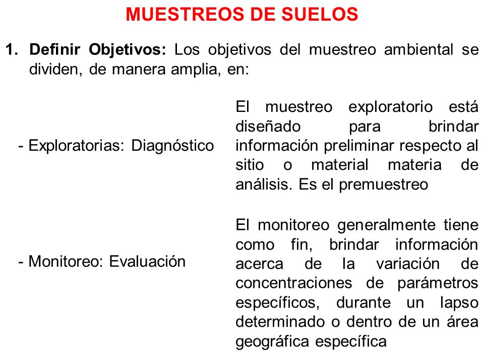 MUESTREOS DE SUELOS Definir Objetivos: Los objetivos del muestreo ambiental se dividen, de manera amplia, en: