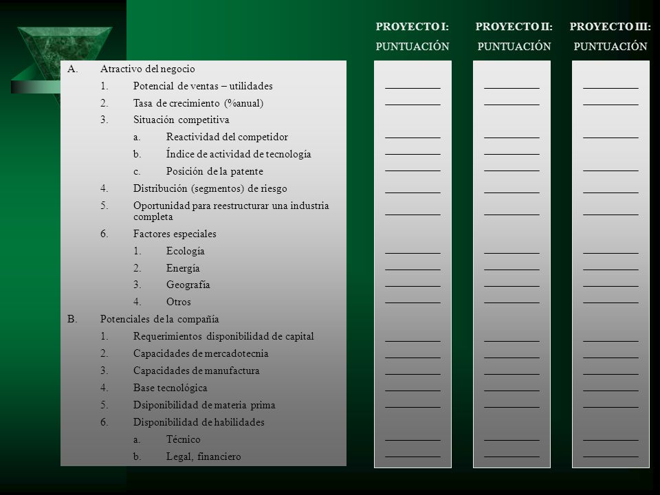 PROYECTO I: PUNTUACIÓN. PROYECTO II: PUNTUACIÓN. PROYECTO III: PUNTUACIÓN. Atractivo del negocio.