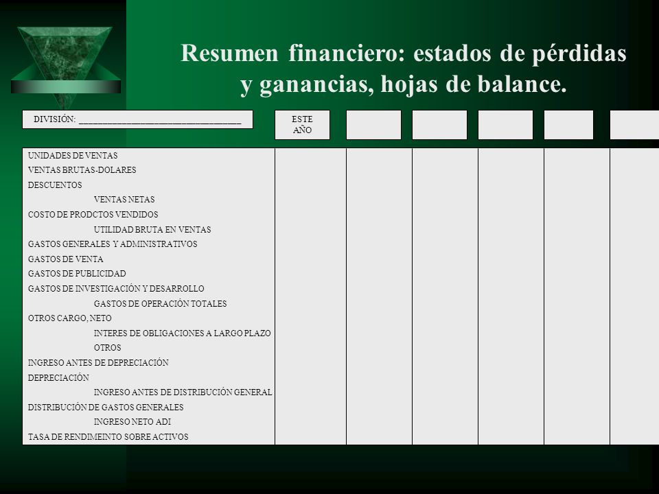 Resumen financiero: estados de pérdidas y ganancias, hojas de balance.