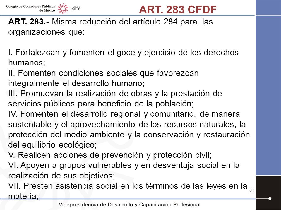 ART. 283 CFDF ART Misma reducción del artículo 284 para las organizaciones que: