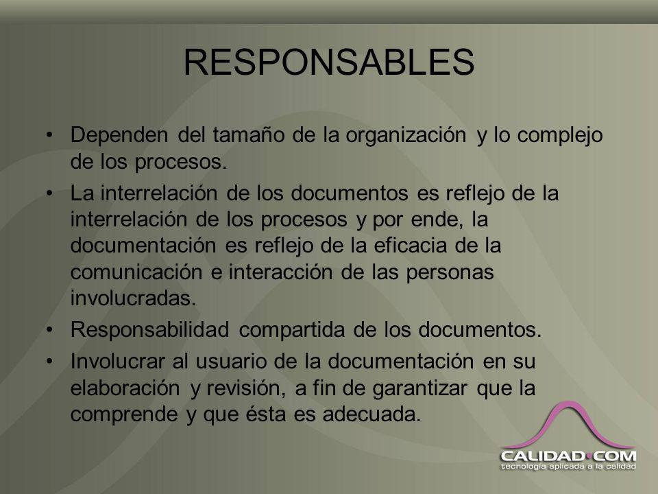 RESPONSABLES Dependen del tamaño de la organización y lo complejo de los procesos.