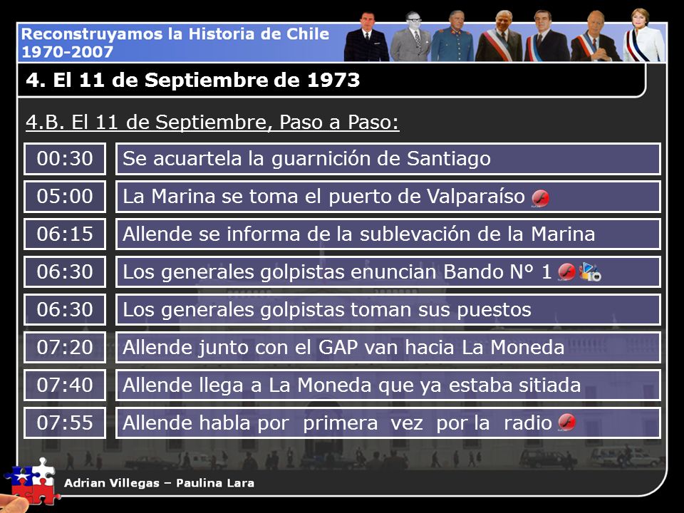 4. El 11 de Septiembre de B. El 11 de Septiembre, Paso a Paso: 00:30. Se acuartela la guarnición de Santiago.