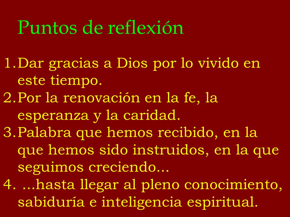 Puntos de reflexión Dar gracias a Dios por lo vivido en este tiempo.