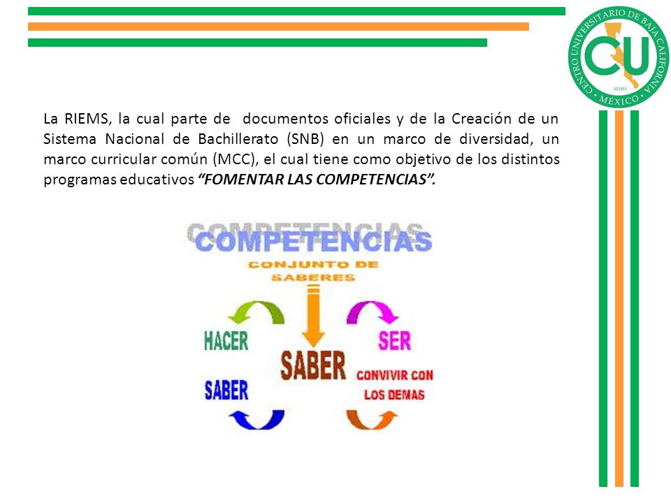 La RIEMS, la cual parte de documentos oficiales y de la Creación de un Sistema Nacional de Bachillerato (SNB) en un marco de diversidad, un marco curricular común (MCC), el cual tiene como objetivo de los distintos programas educativos FOMENTAR LAS COMPETENCIAS .