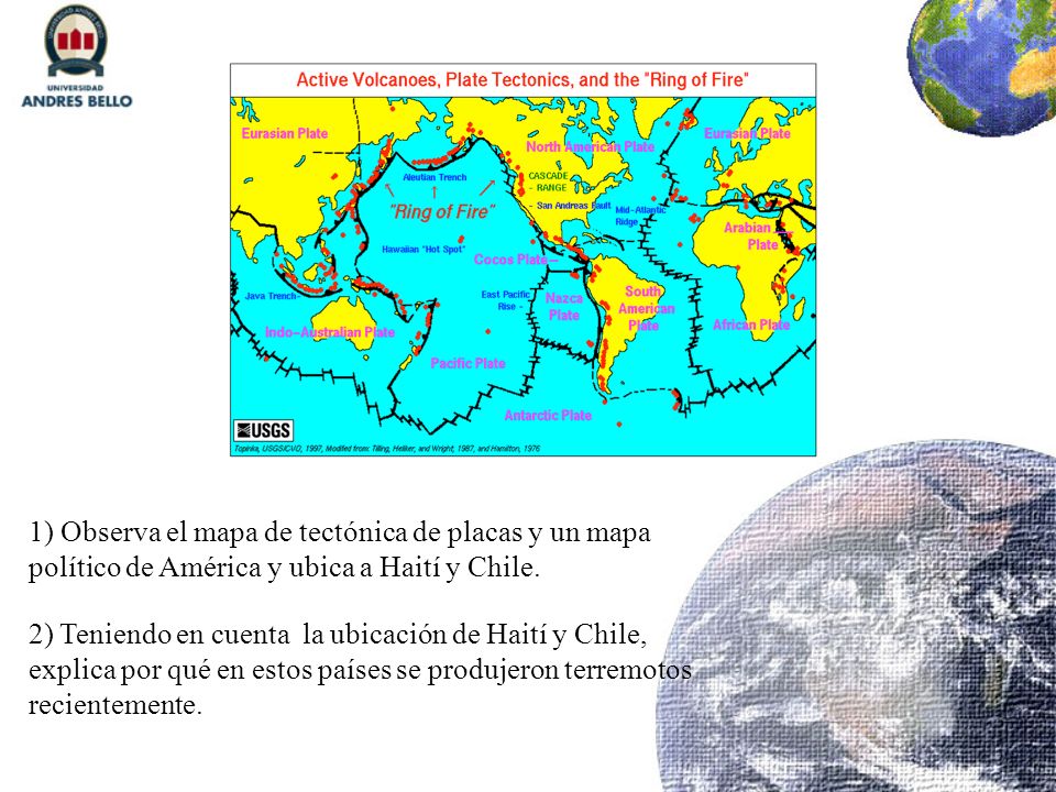1) Observa el mapa de tectónica de placas y un mapa político de América y ubica a Haití y Chile.