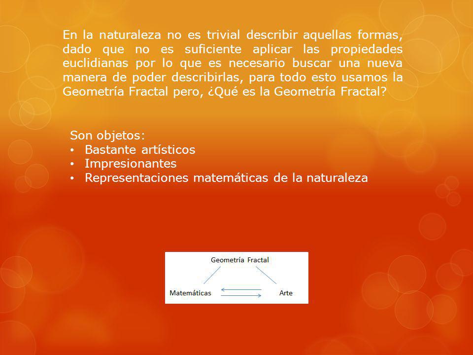 En la naturaleza no es trivial describir aquellas formas, dado que no es suficiente aplicar las propiedades euclidianas por lo que es necesario buscar una nueva manera de poder describirlas, para todo esto usamos la Geometría Fractal pero, ¿Qué es la Geometría Fractal