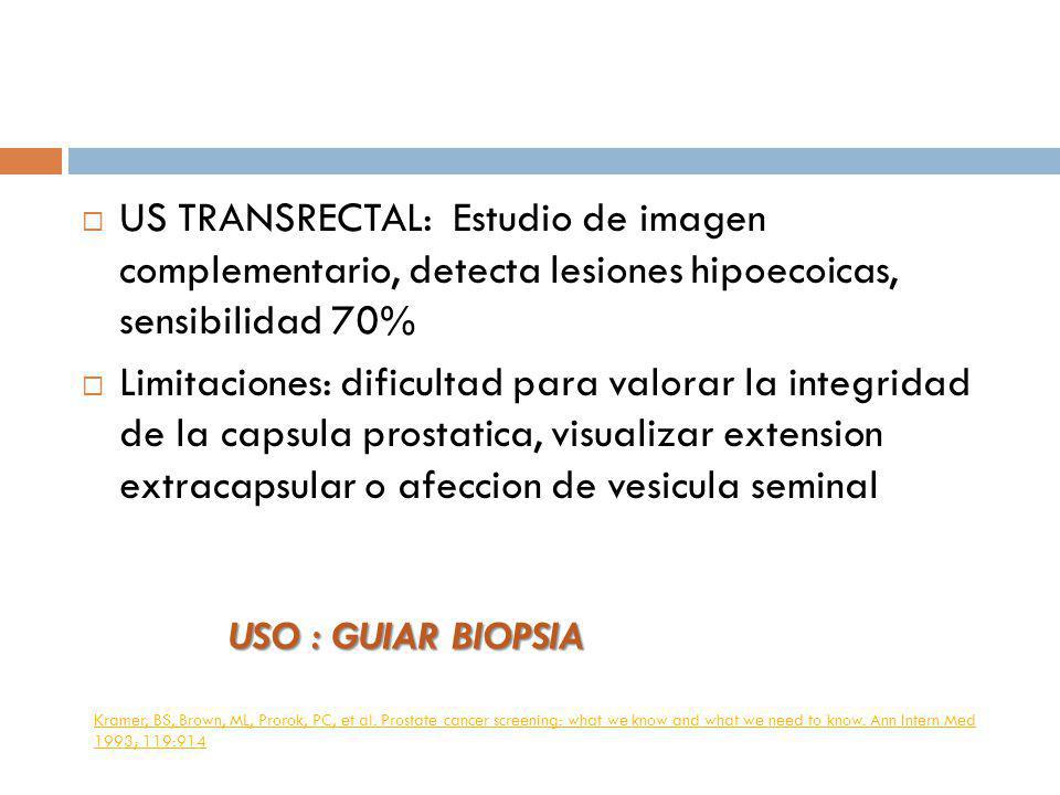 US TRANSRECTAL: Estudio de imagen complementario, detecta lesiones hipoecoicas, sensibilidad 70%