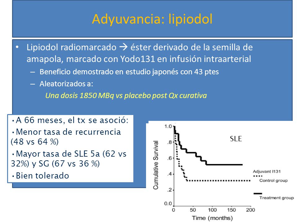 Adyuvancia: lipiodol Lipiodol radiomarcado  éster derivado de la semilla de amapola, marcado con Yodo131 en infusión intraarterial.