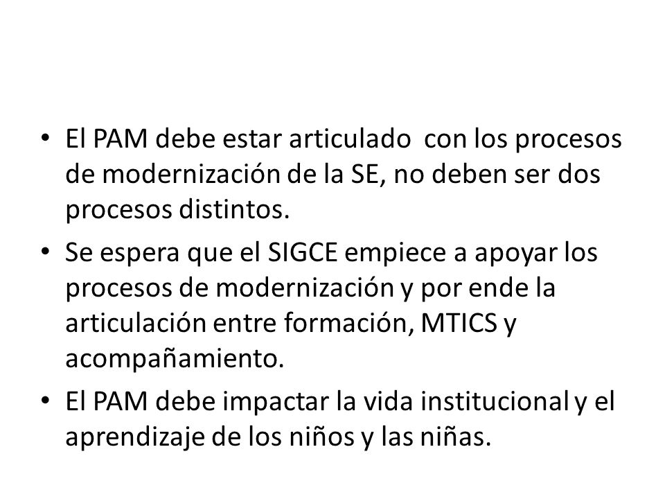 El PAM debe estar articulado con los procesos de modernización de la SE, no deben ser dos procesos distintos.