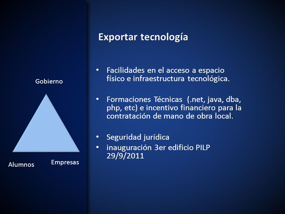 Exportar tecnología Facilidades en el acceso a espacio físico e infraestructura tecnológica.