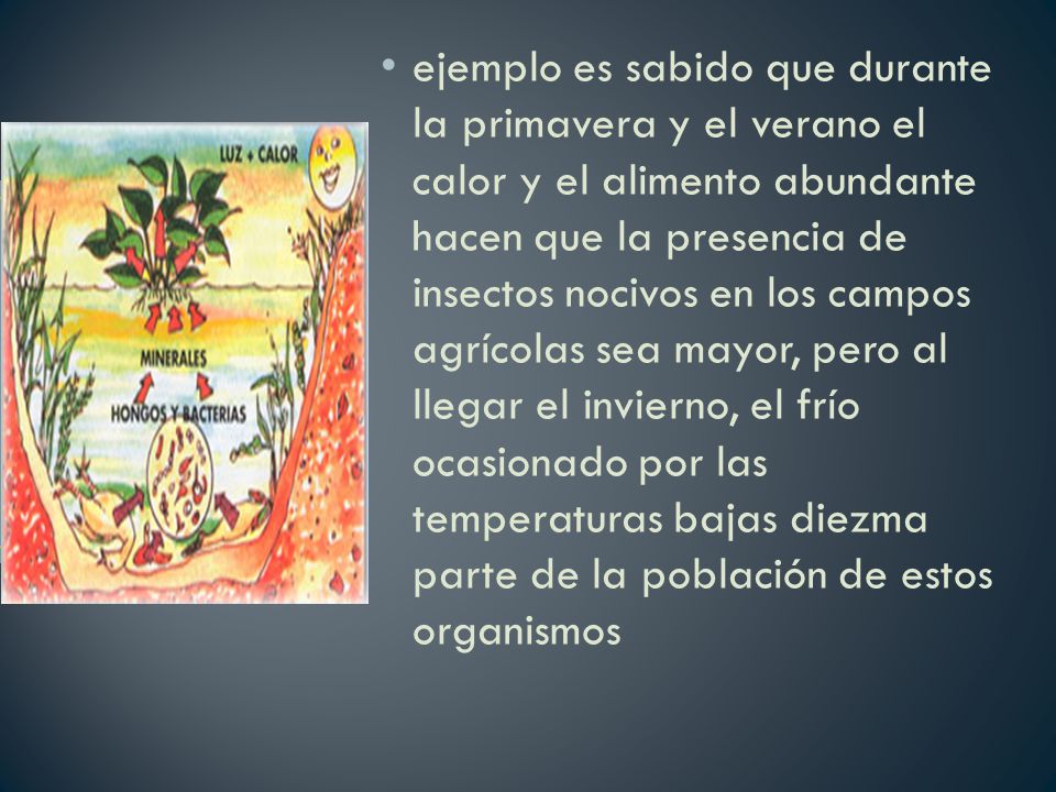 ejemplo es sabido que durante la primavera y el verano el calor y el alimento abundante hacen que la presencia de insectos nocivos en los campos agrícolas sea mayor, pero al llegar el invierno, el frío ocasionado por las temperaturas bajas diezma parte de la población de estos organismos