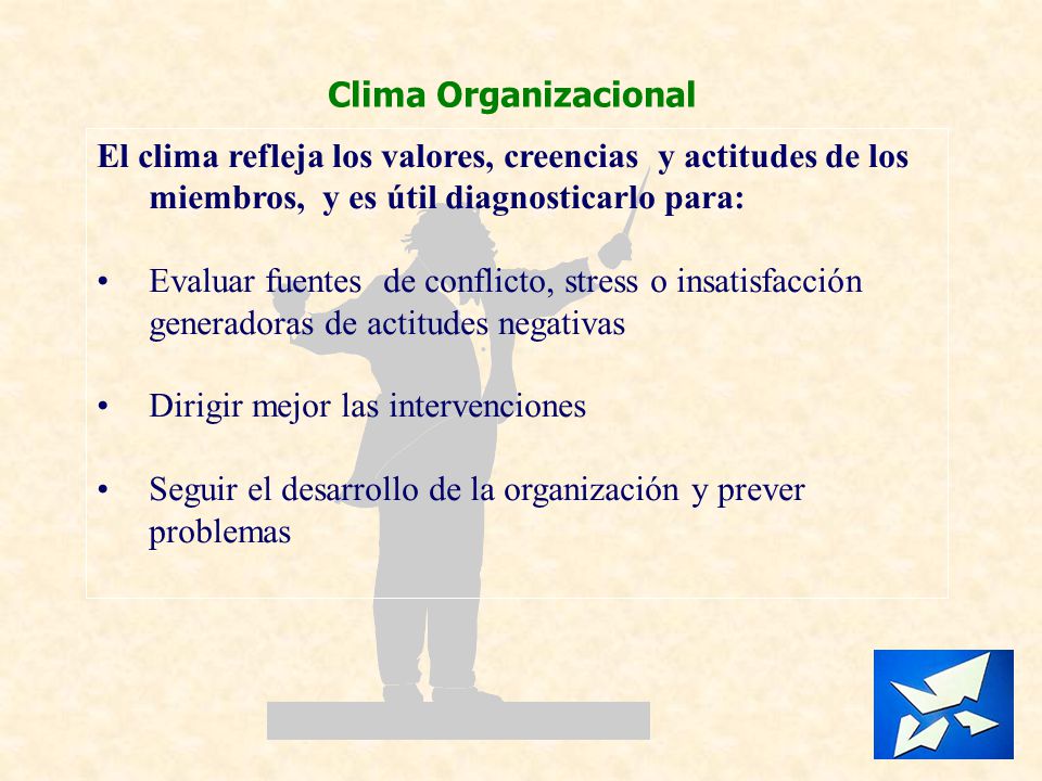 Clima Organizacional El clima refleja los valores, creencias y actitudes de los miembros, y es útil diagnosticarlo para: