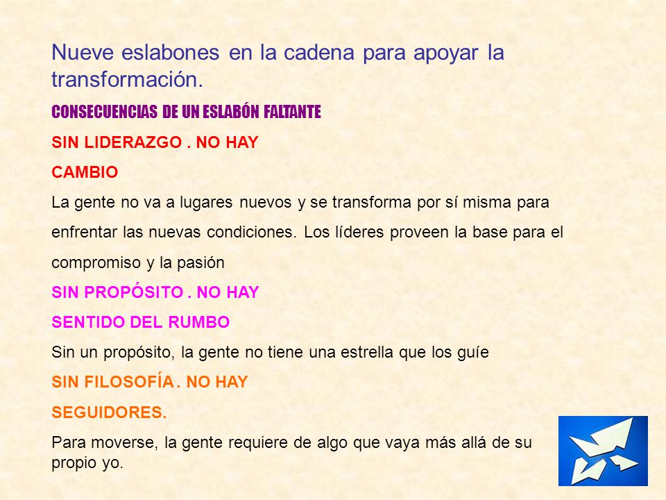 Nueve eslabones en la cadena para apoyar la transformación.