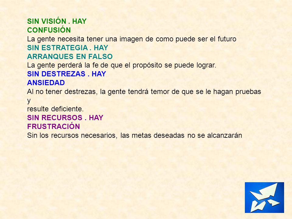 SIN VISIÓN . HAY CONFUSIÓN. La gente necesita tener una imagen de como puede ser el futuro. SIN ESTRATEGIA . HAY.