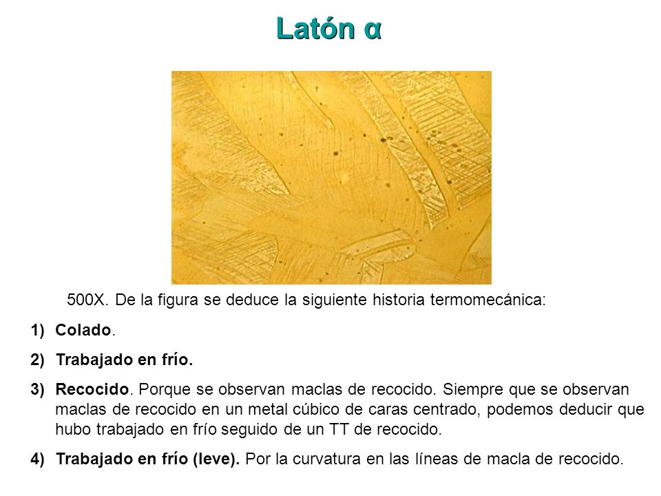 Latón α 500X. De la figura se deduce la siguiente historia termomecánica: Colado. Trabajado en frío.