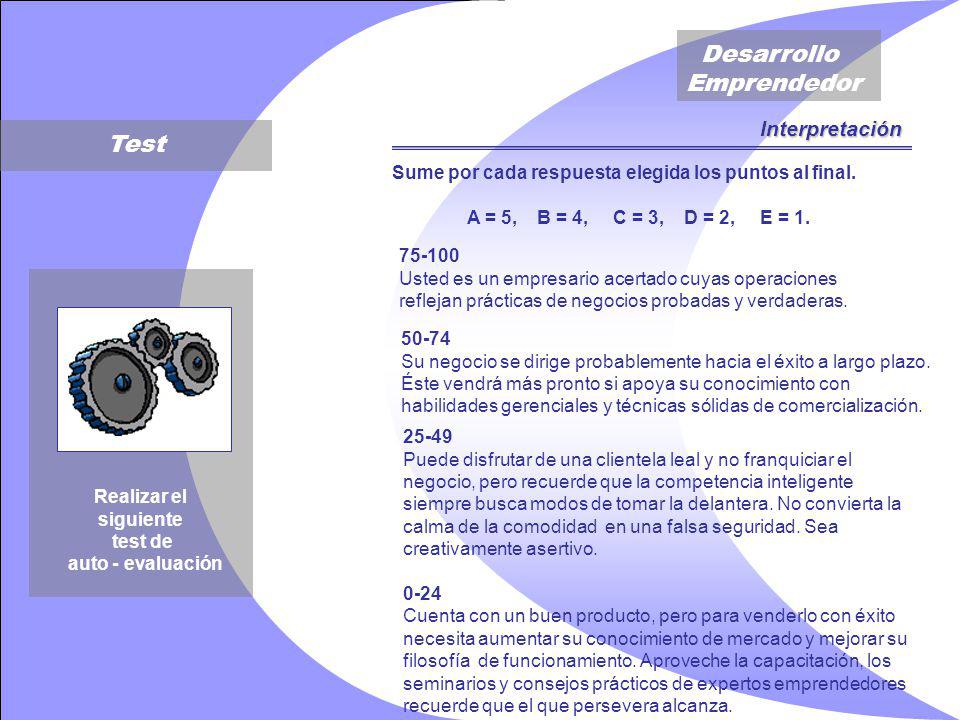 Interpretación Test. Sume por cada respuesta elegida los puntos al final. A = 5, B = 4, C = 3, D = 2, E = 1.