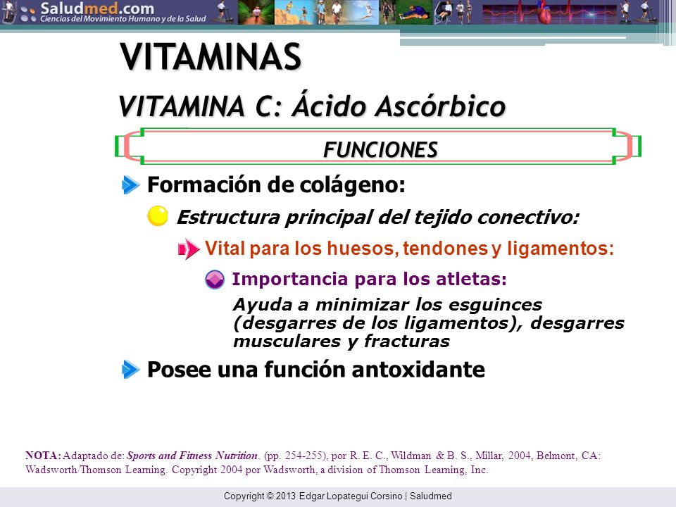 VITAMINAS VITAMINA C: Ácido Ascórbico FUNCIONES Formación de colágeno: