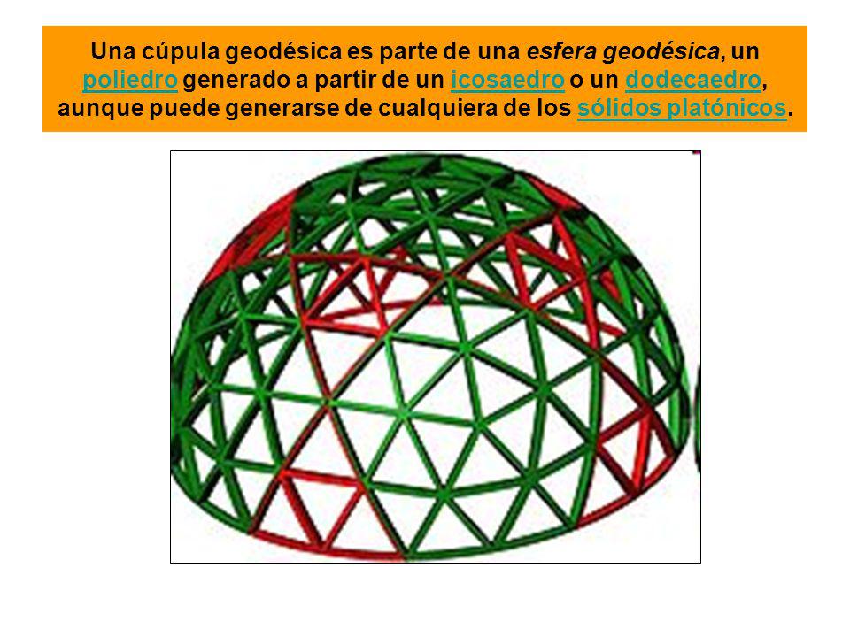 Una cúpula geodésica es parte de una esfera geodésica, un poliedro generado a partir de un icosaedro o un dodecaedro, aunque puede generarse de cualquiera de los sólidos platónicos.