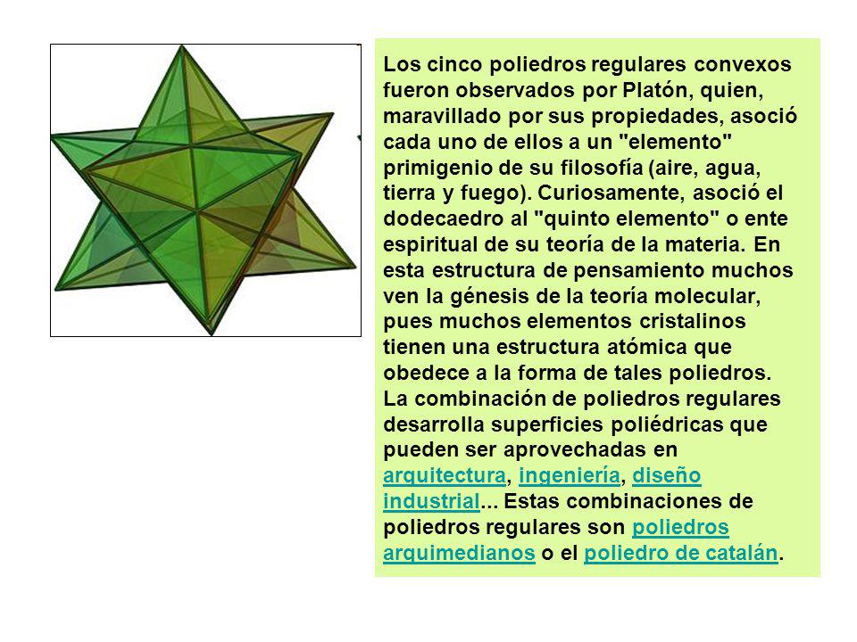 Los cinco poliedros regulares convexos fueron observados por Platón, quien, maravillado por sus propiedades, asoció cada uno de ellos a un elemento primigenio de su filosofía (aire, agua, tierra y fuego).