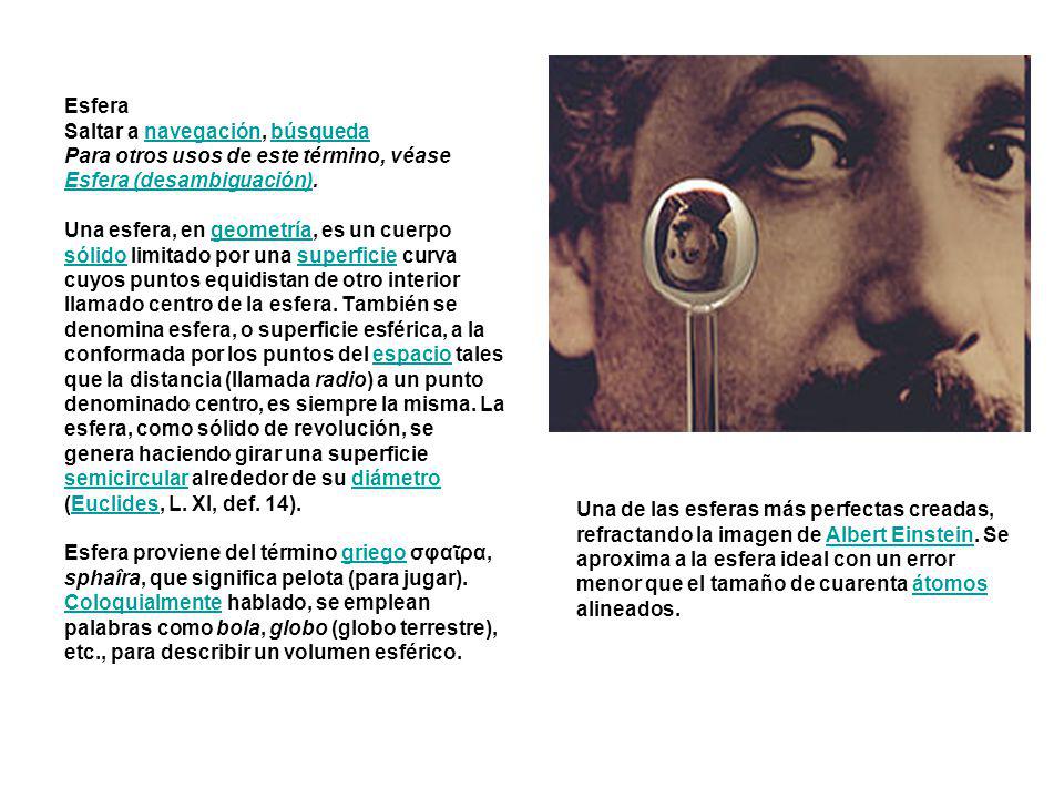 Esfera Saltar a navegación, búsqueda Para otros usos de este término, véase Esfera (desambiguación). Una esfera, en geometría, es un cuerpo sólido limitado por una superficie curva cuyos puntos equidistan de otro interior llamado centro de la esfera. También se denomina esfera, o superficie esférica, a la conformada por los puntos del espacio tales que la distancia (llamada radio) a un punto denominado centro, es siempre la misma. La esfera, como sólido de revolución, se genera haciendo girar una superficie semicircular alrededor de su diámetro (Euclides, L. XI, def. 14). Esfera proviene del término griego σφαῖρα, sphaîra, que significa pelota (para jugar). Coloquialmente hablado, se emplean palabras como bola, globo (globo terrestre), etc., para describir un volumen esférico.
