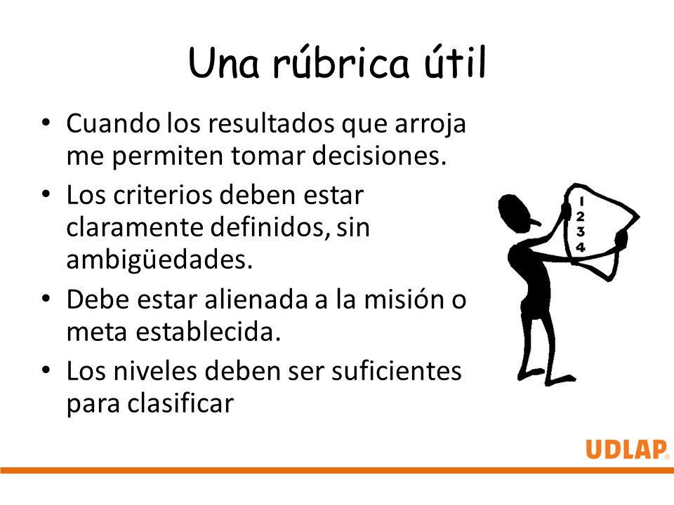 Una rúbrica útil Cuando los resultados que arroja me permiten tomar decisiones. Los criterios deben estar claramente definidos, sin ambigüedades.