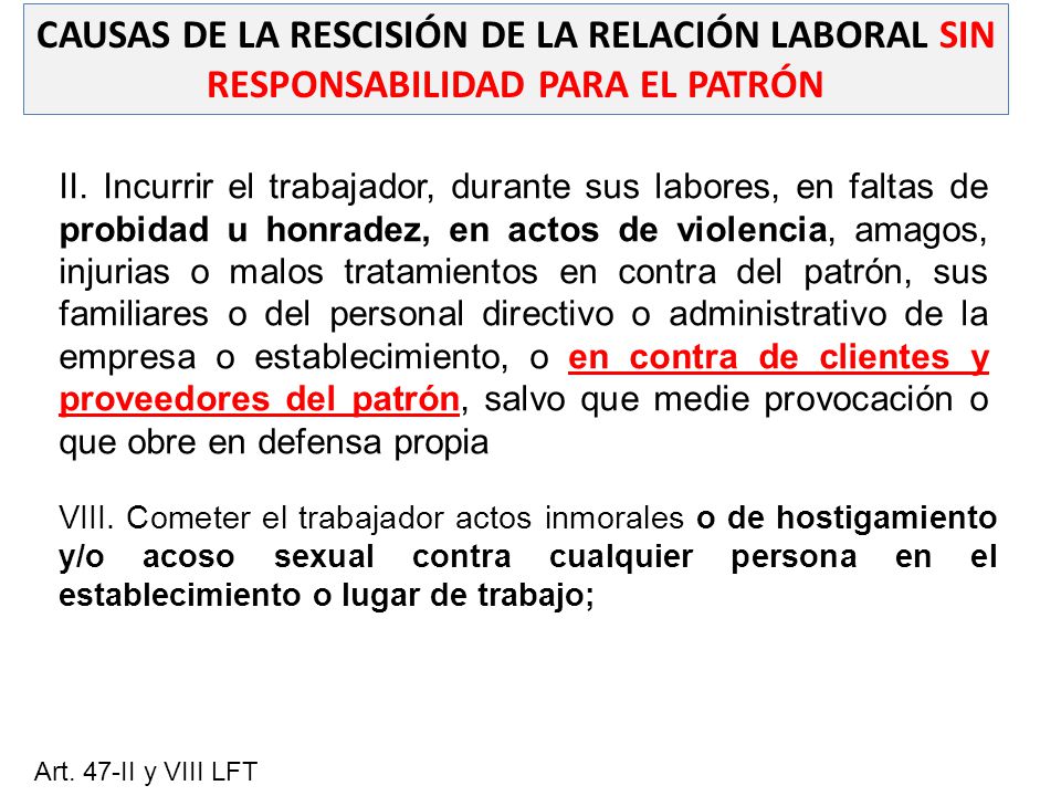 CAUSAS DE LA RESCISIÓN DE LA RELACIÓN LABORAL SIN RESPONSABILIDAD PARA EL PATRÓN