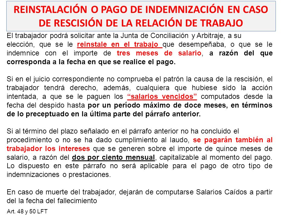 REINSTALACIÓN O PAGO DE INDEMNIZACIÓN EN CASO DE RESCISIÓN DE LA RELACIÓN DE TRABAJO