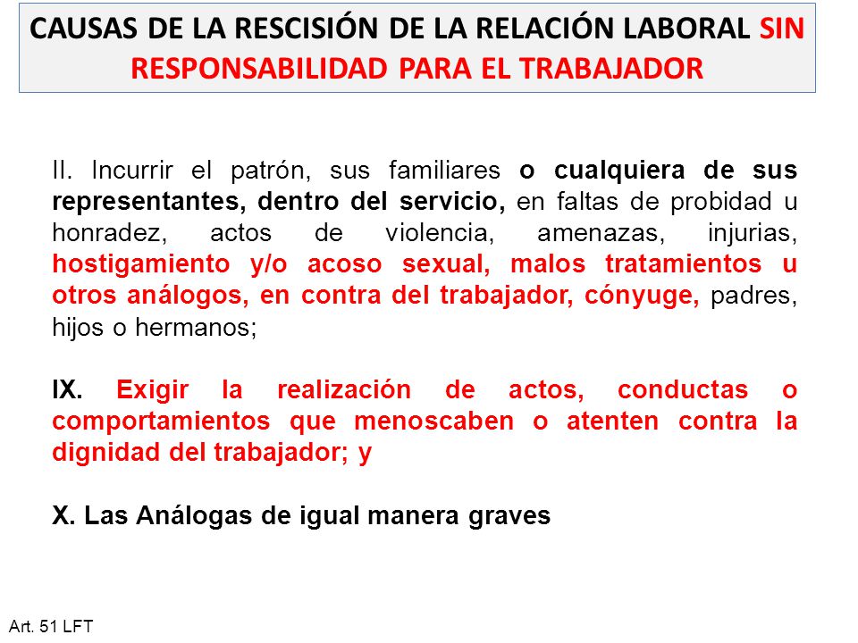 CAUSAS DE LA RESCISIÓN DE LA RELACIÓN LABORAL SIN RESPONSABILIDAD PARA EL TRABAJADOR