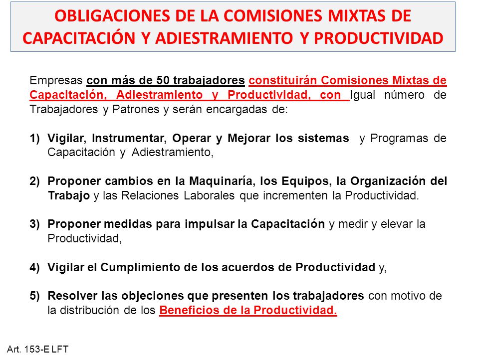 OBLIGACIONES DE LA COMISIONES MIXTAS DE CAPACITACIÓN Y ADIESTRAMIENTO Y PRODUCTIVIDAD