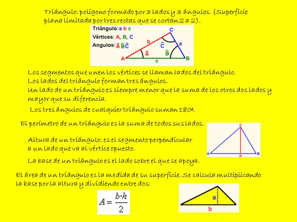 Triángulo: polígono formado por 3 lados y 3 ángulos. (Superficie