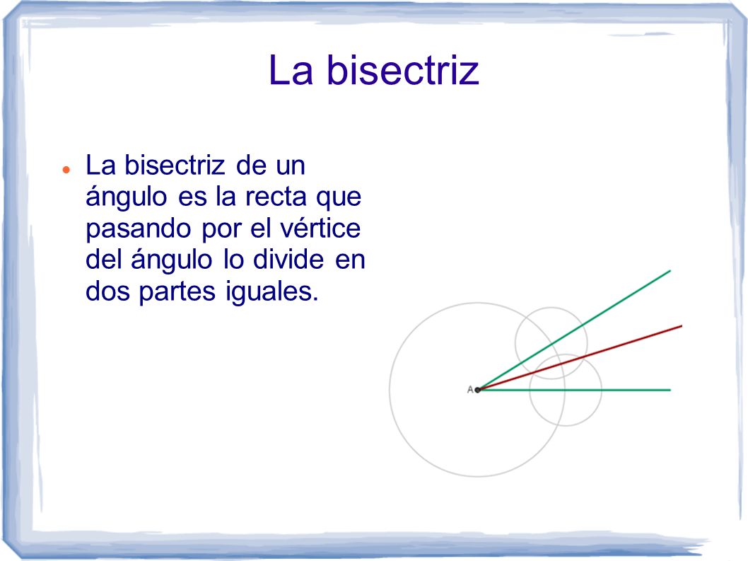 La bisectriz La bisectriz de un ángulo es la recta que pasando por el vértice del ángulo lo divide en dos partes iguales.