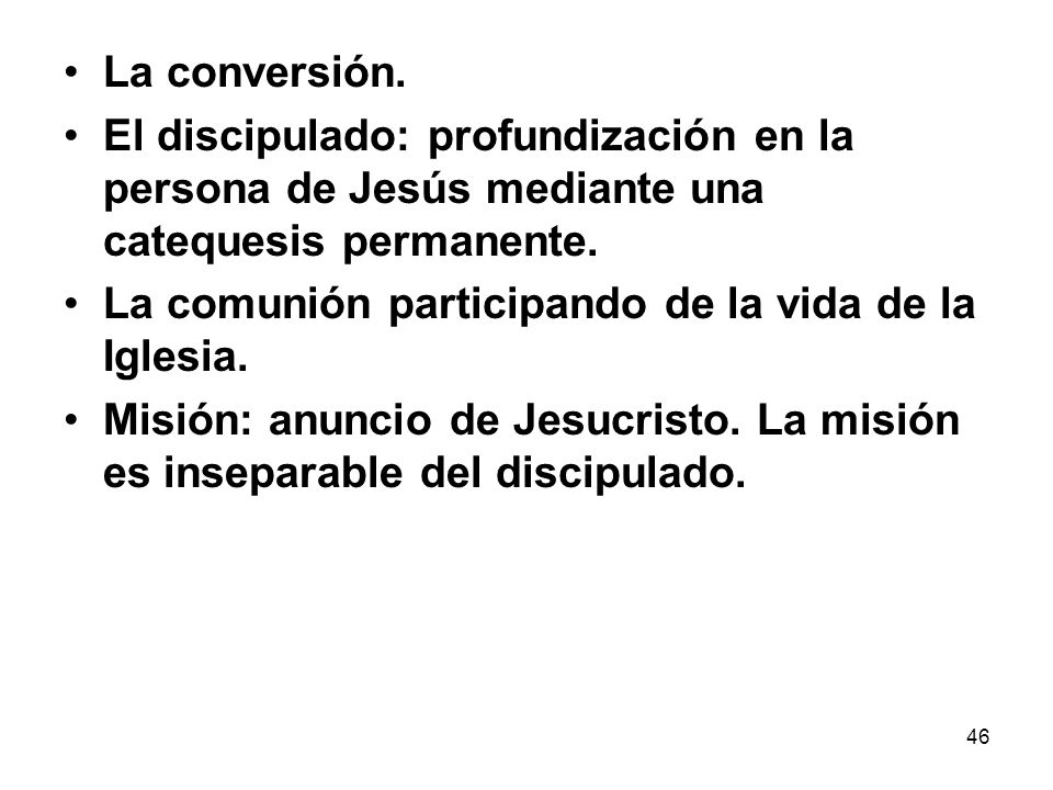 La conversión. El discipulado: profundización en la persona de Jesús mediante una catequesis permanente.