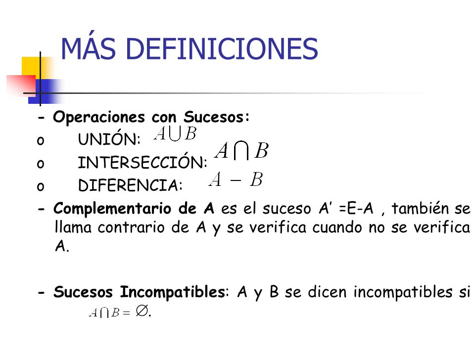 MÁS DEFINICIONES - Operaciones con Sucesos: o UNIÓN: o INTERSECCIÓN: