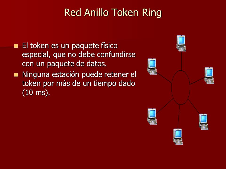 Red Anillo Token Ring El token es un paquete físico especial, que no debe confundirse con un paquete de datos.