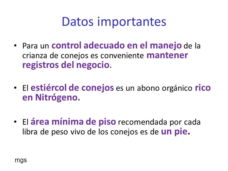 Datos importantes Para un control adecuado en el manejo de la crianza de conejos es conveniente mantener registros del negocio.