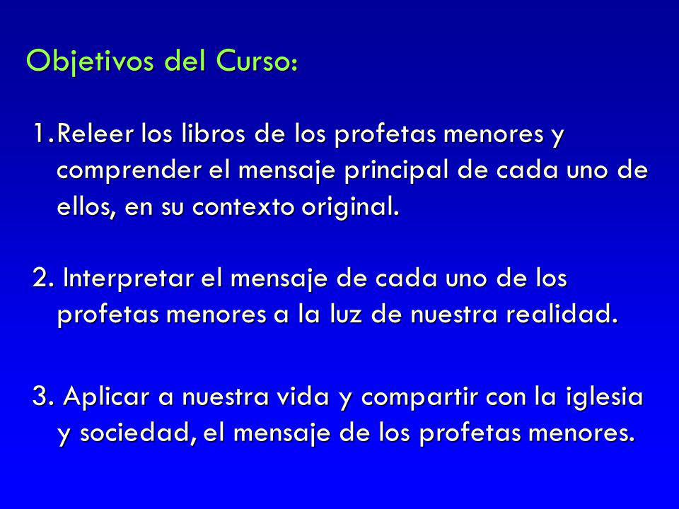 Objetivos del Curso: Releer los libros de los profetas menores y comprender el mensaje principal de cada uno de ellos, en su contexto original.