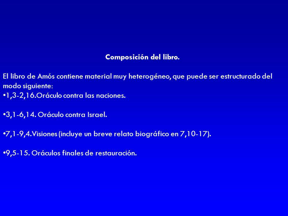 Composición del libro. El libro de Amós contiene material muy heterogéneo, que puede ser estructurado del modo siguiente: