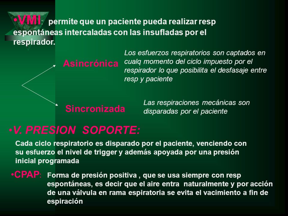 VMI: permite que un paciente pueda realizar resp espontáneas intercaladas con las insufladas por el respirador.