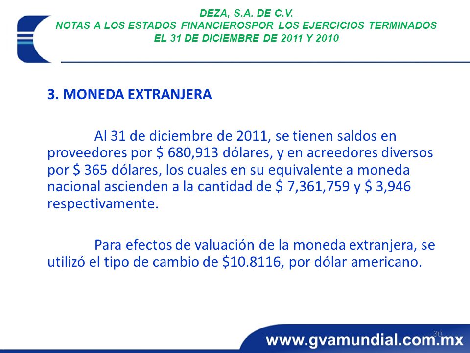 DEZA, S.A. DE C.V. NOTAS A LOS ESTADOS FINANCIEROSPOR LOS EJERCICIOS TERMINADOS EL 31 DE DICIEMBRE DE 2011 Y 2010