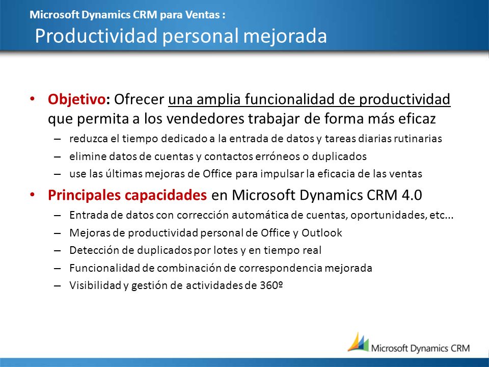 Microsoft Dynamics CRM para Ventas : Productividad personal mejorada