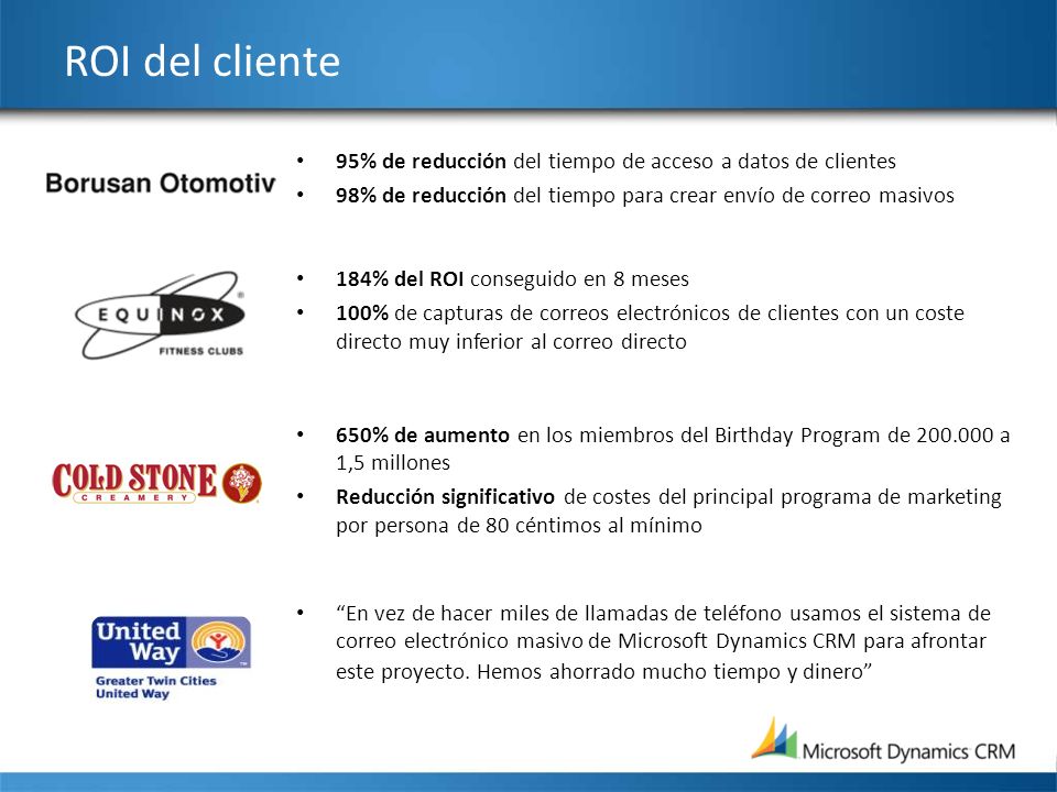 ROI del cliente 95% de reducción del tiempo de acceso a datos de clientes. 98% de reducción del tiempo para crear envío de correo masivos.